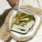 Women Cute Plush Metal Chain Zipper Crossbody Bag - Image 5