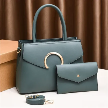 Women Retro Solid Color Metal Decorative Large Capacity Tow Pieces Set Shoulder Bag