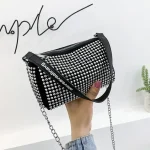 Women Fashion Rhinestone Metal Chain Square Evening Bag
