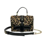Women Chic Zipper Design Chain Design Leopard Pattern Square Crossbody Handle Bag - Image 7