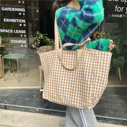 Women Casual Design Plaid Pattern Canvas Large Capacity Shoulder Handle Tote Bag