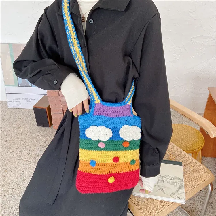 35BC9A9_119517.webp Rainbow Heart Knitted Women Casual Design Woven Shoulder Handle Tote Bag - Image 1