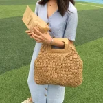 Women Pastoral Design Solid Color Straw Large Capacity Woven Shoulder Handle Bag