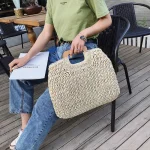 Women Pastoral Design Solid Color Straw Large Capacity Woven Shoulder Handle Bag - Image 2