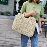 Women Pastoral Design Solid Color Straw Large Capacity Woven Shoulder Handle Bag - Image 6