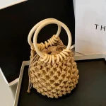 2 In 1 Women Pastoral Design Solid Color Straw Woven Bucket Drawstring Shoulder Handle Bag