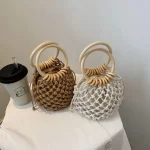 2 In 1 Women Pastoral Design Solid Color Straw Woven Bucket Drawstring Shoulder Handle Bag - Image 2