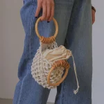 2 In 1 Women Pastoral Design Solid Color Straw Woven Bucket Drawstring Shoulder Handle Bag - Image 3