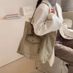 Women Casual Design Solid Color Canvas Large Capacity Shoulder Handle Tote Bag