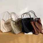 Women Casual Design Solid Color Canvas Large Capacity Shoulder Handle Tote Bag - Image 3