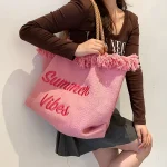 Women Fashion Casual Tassel Design Letter Embroidery Solid Color Canvas Shoulder Bag