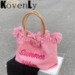Women Fashion Casual Tassel Design Letter Embroidery Solid Color Canvas Shoulder Bag - Image 2