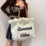 Women Fashion Casual Tassel Design Letter Embroidery Solid Color Canvas Shoulder Bag - Image 3